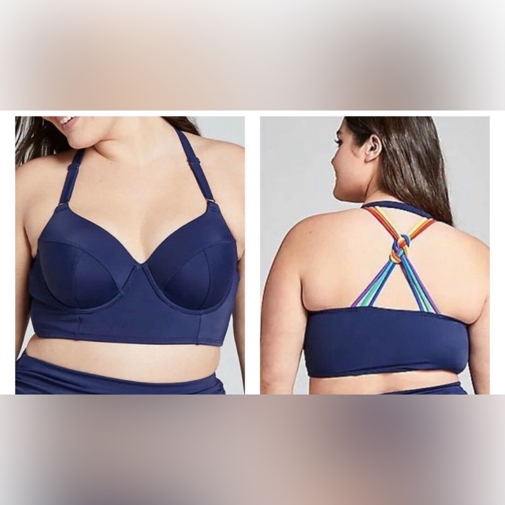 Cacique/Lane Bryant swim/bikini top. Size 40D. Navy blue with rainbow accent